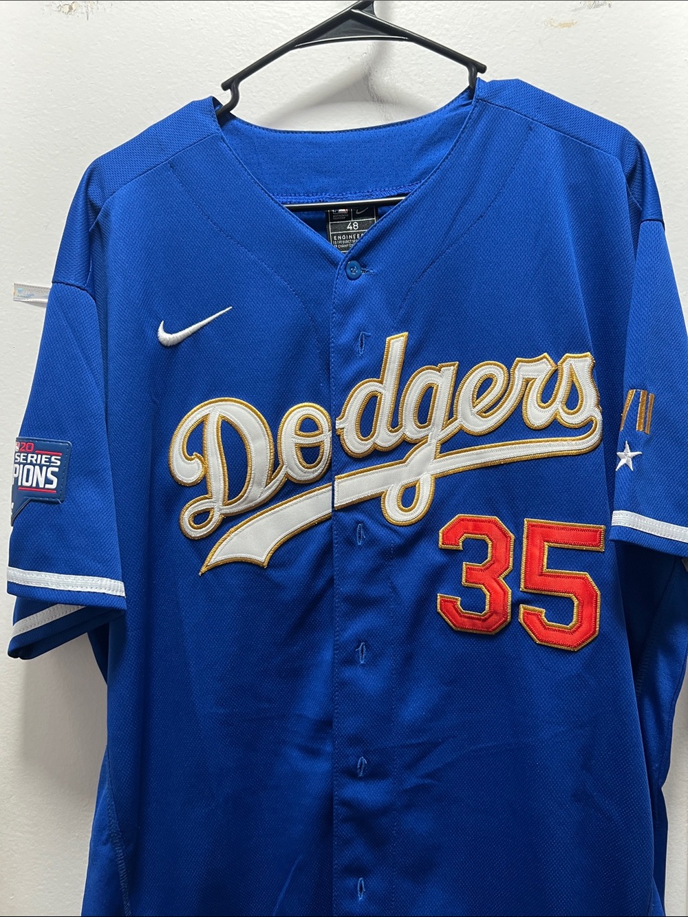 Nike Royal Blue Dodgers #35 Button-Up Jersey with Red Numbering